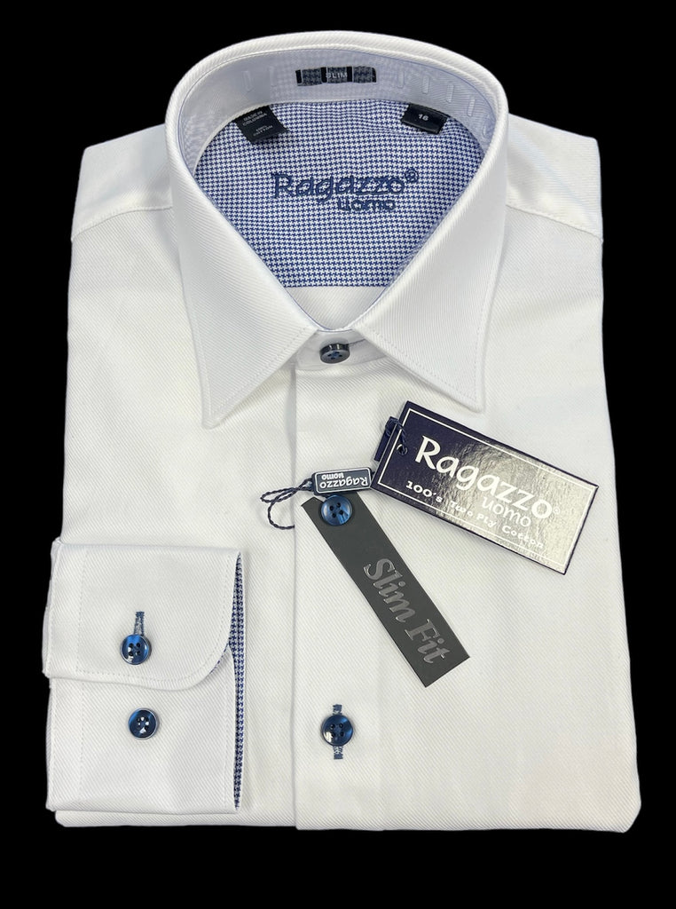 BOYS SLIM FIT CONTRAST BUTTON/CUFF LS - W/NAVY BOYS SLIM FIT CONTRAST BUTTON/CUFF LS - W/NAVY