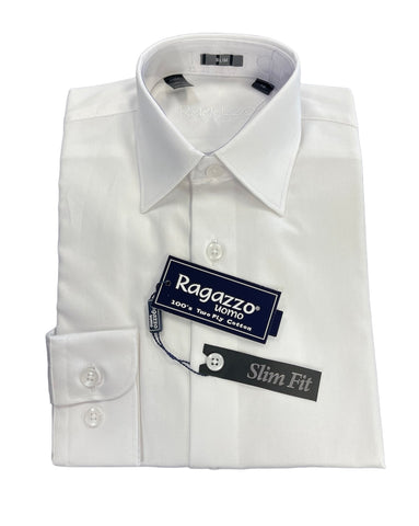 BOYS SLIM FIT TEXURED DRESS SHIRT - WHITE