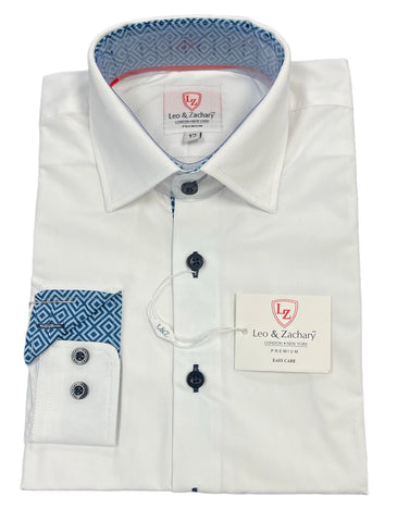 BOYS WRINKLE FREE BUTTON UP - W/NAVY