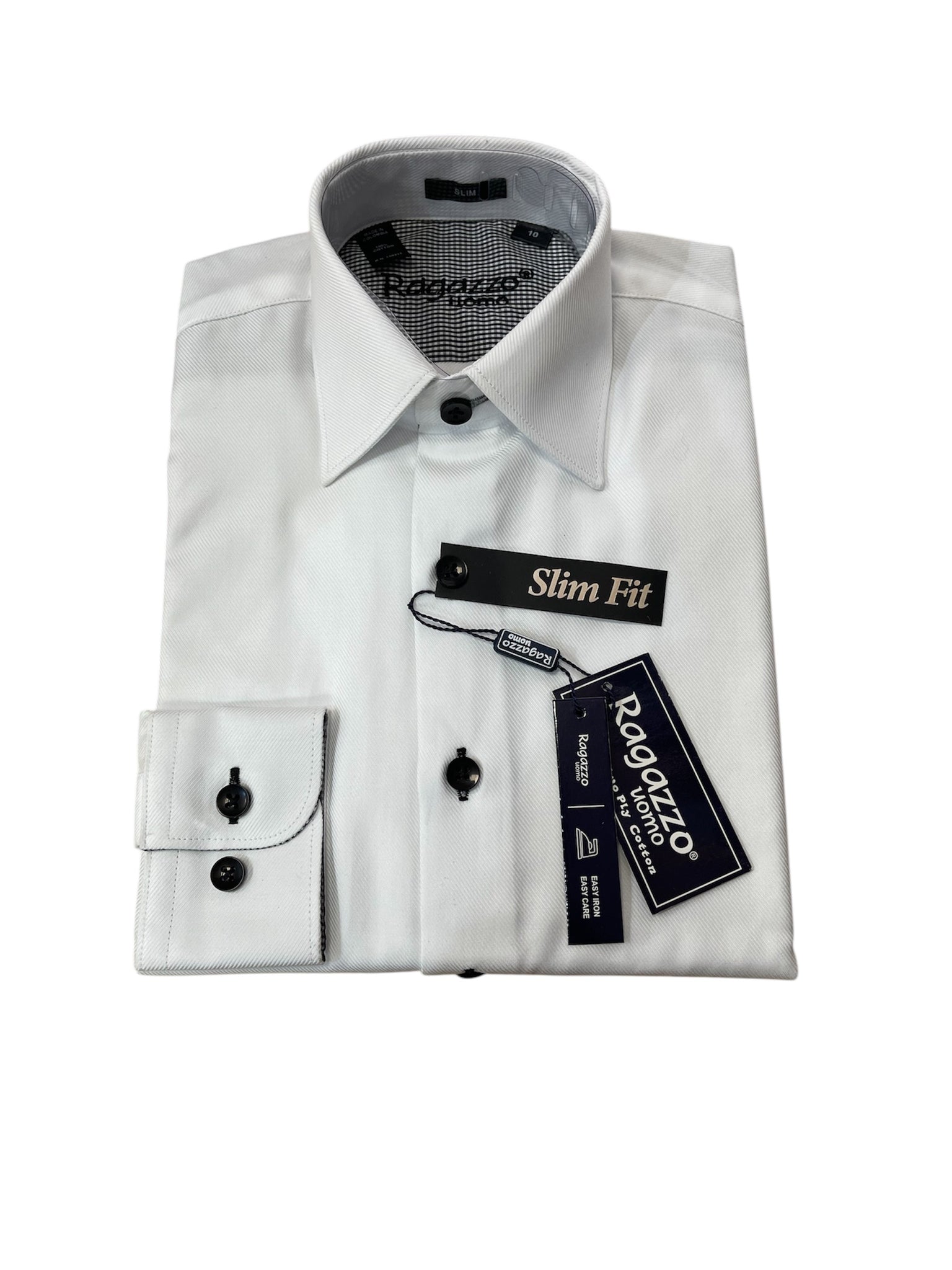 BOYS SLIM FIT CONTRAST BUTTON/CUFF  LS - W/BLACK