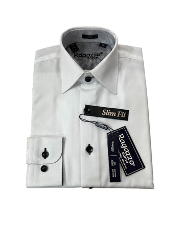 BOYS SLIM FIT CONTRAST BUTTON/CUFF  LS - W/BLACK