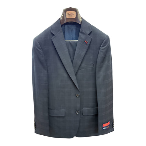 MANTONI 100% WOOL WINDOWPANE MODERN TRIM SUIT - NAVY